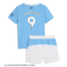 Camisa de Futebol Manchester City Erling Haaland #9 Equipamento Principal Infantil 2025-26 Manga Curta (+ Calças curtas)